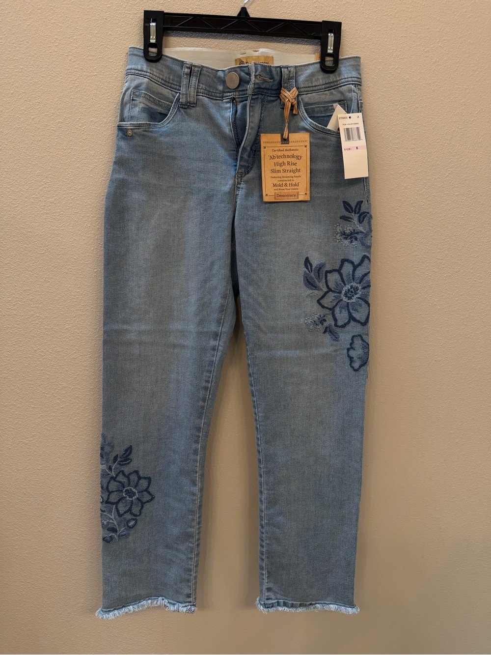 Democracy Light Blue Straight Leg Jeans with Blue Floral Embroidery